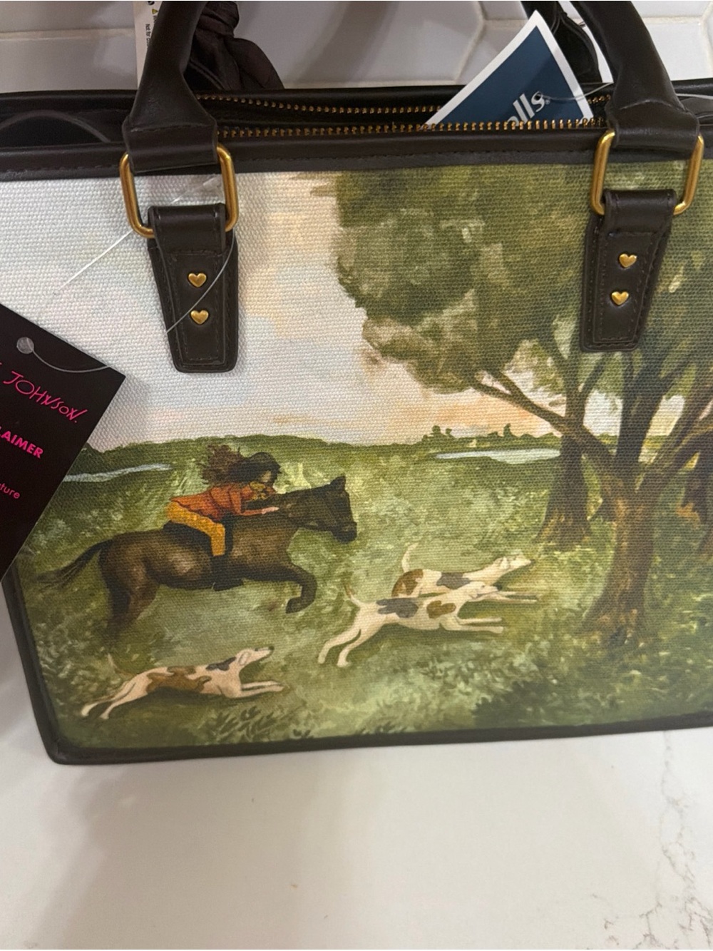Betsey Johnson Green Horse & Hound Print Satchel with Brown Scarf Accent - Picture 5 of 6